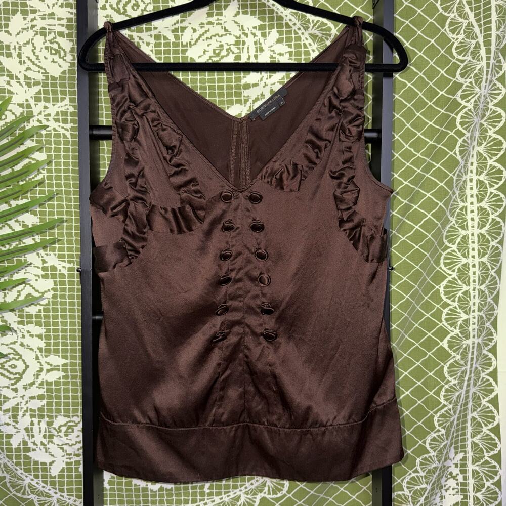 BCBGMAXAZRIAโ Silk Ruffle Button V-Neck Top